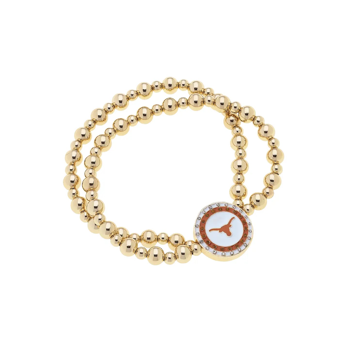 Canvas Style Texas Longhorns Pave Disc 2 Row Ball Bead Stretch Bracelet in Shiny Gold-Bracelets-Canvas Style-Deja Nu Boutique, Women's Fashion Boutique in Lampasas, Texas
