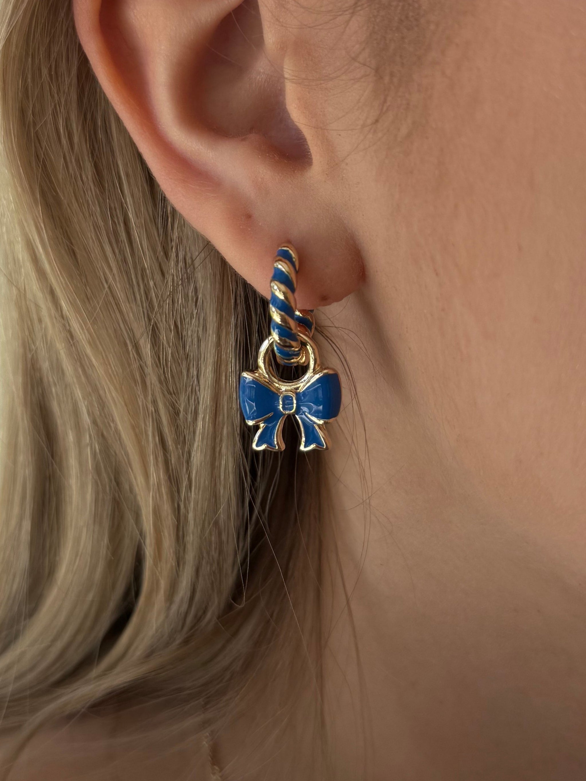 Canvas Style Blue Enamel Bow Huggie Charms In Shiny Gold Plated (Set of 2)-charm earring-Canvas Style-Deja Nu Boutique, Women's Fashion Boutique in Lampasas, Texas