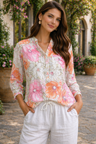 Tempo Paris Orange Floral Button Front Blouse Lightweight Rayon Top-shirts-Tempo Paris-Deja Nu Boutique, Women's Fashion Boutique in Lampasas, Texas