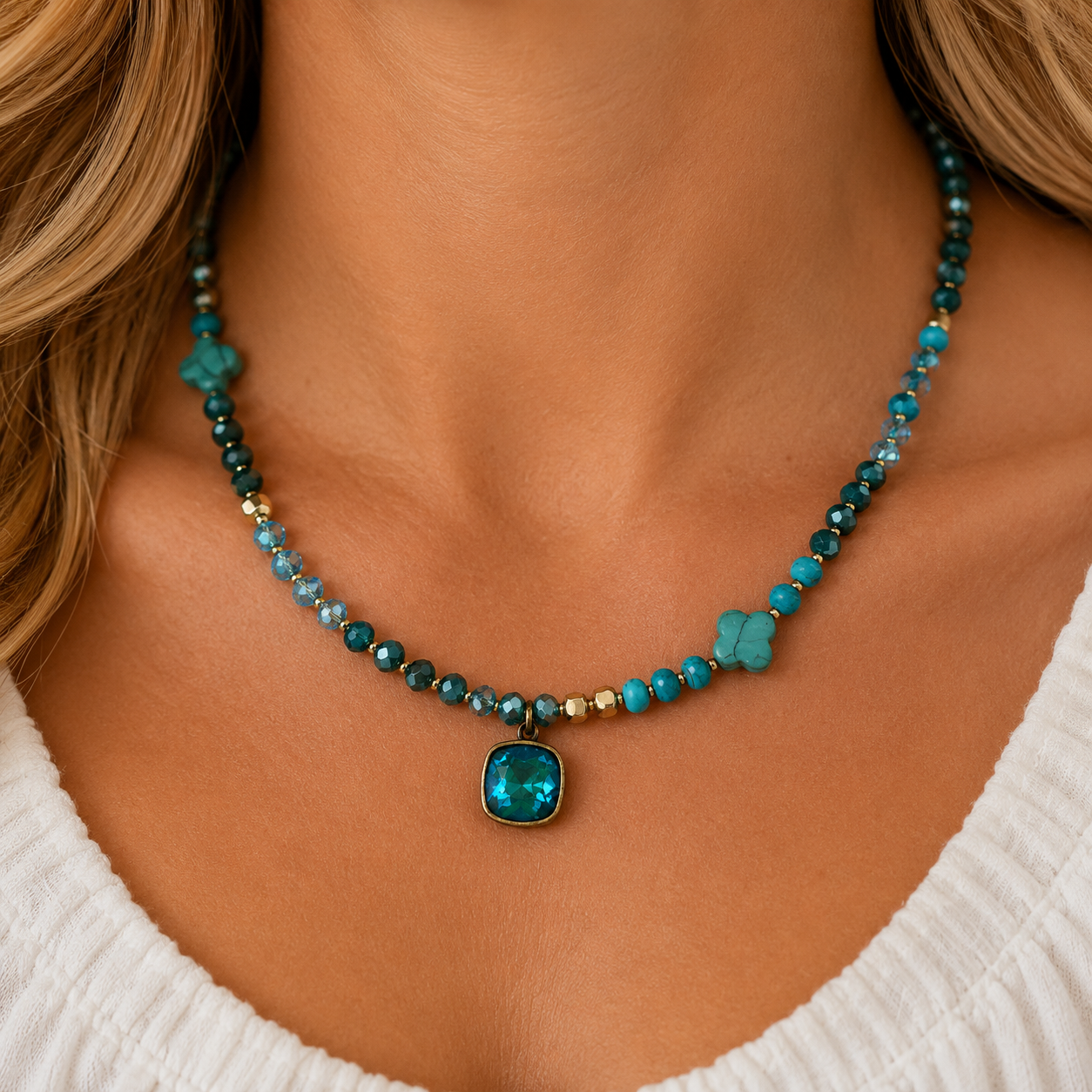 Pink Panache Turquoise Clover Bead Necklace with Austrian Crystal-Necklace-Pink Panache-Deja Nu Boutique, Women's Fashion Boutique in Lampasas, Texas