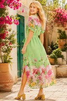 Umgee Sage Mix Floral Border Print Midi Dress with Tie Belt-Midi Dresses-Umgee-Deja Nu Boutique, Women's Fashion Boutique in Lampasas, Texas