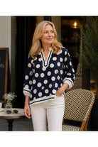 Jodifl Navy & White Polka Dot Notched Blouse-Tops-Jodifl-Deja Nu Boutique, Women's Fashion Boutique in Lampasas, Texas