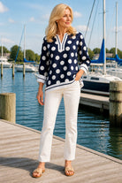 Jodifl Navy & White Polka Dot Notched Blouse-Tops-Jodifl-Deja Nu Boutique, Women's Fashion Boutique in Lampasas, Texas