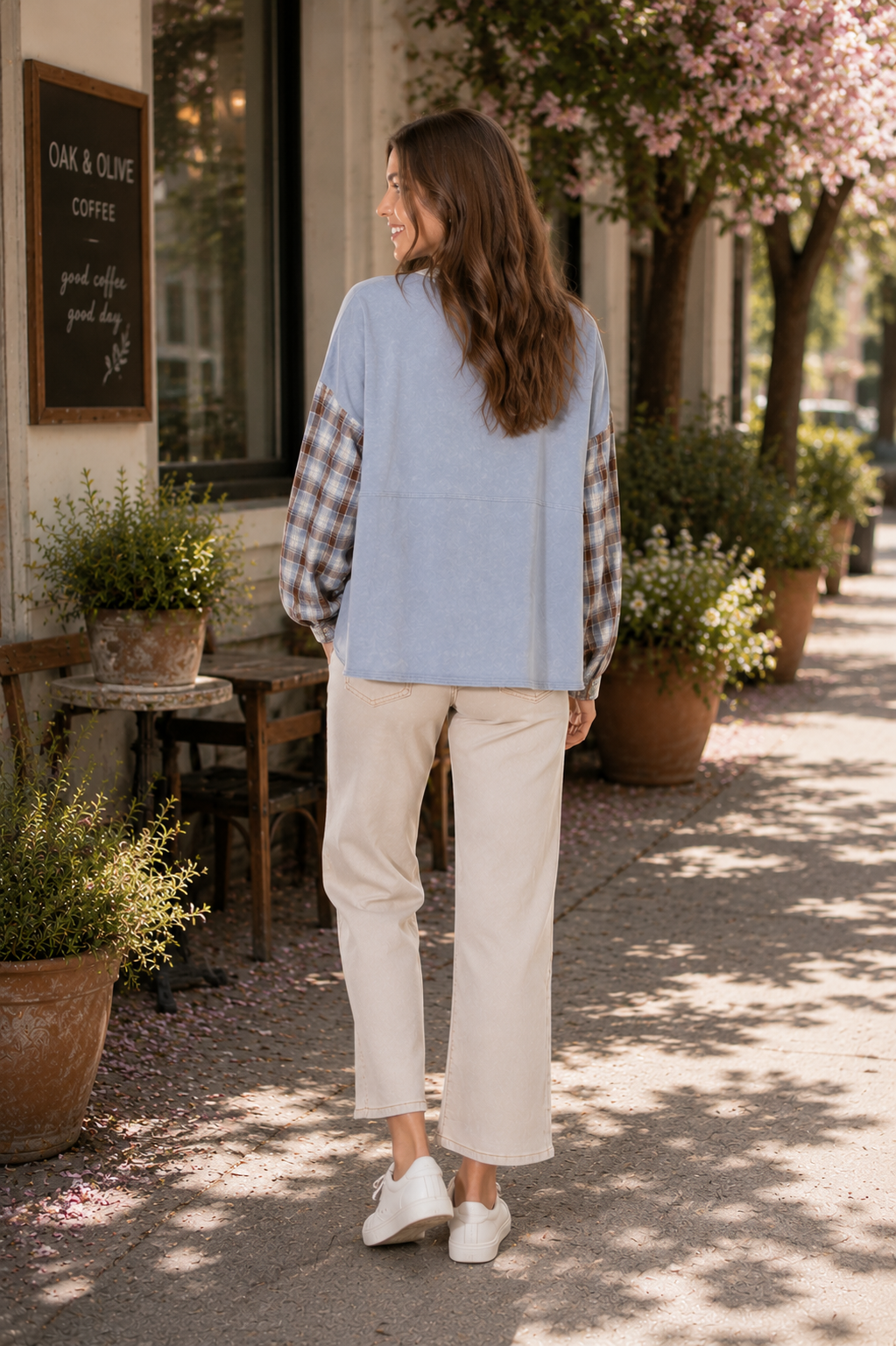 ee:some Mineral Washed Floral Trim Plaid Contrast Top-Tops-ee:some-Deja Nu Boutique, Women's Fashion Boutique in Lampasas, Texas