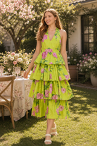 Entro Garden Party Chartreuse Floral Tiered Midi Dress-Midi Dresses-Entro-Deja Nu Boutique, Women's Fashion Boutique in Lampasas, Texas