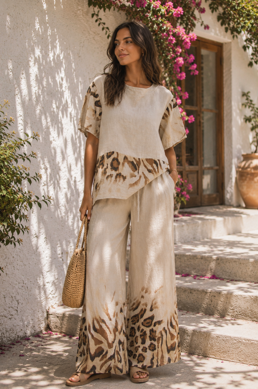 Tempo Paris Beige Cheetah Linen Tunic-Tops-Tempo Paris-Deja Nu Boutique, Women's Fashion Boutique in Lampasas, Texas