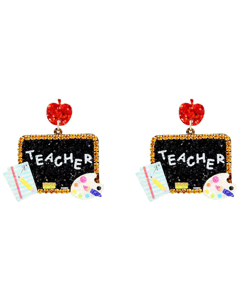 Chic & Cool Glitter Blackboard Teacher Earrings – Apple Top Dangle, 1.9"-Earrings-Chic & Cool-Deja Nu Boutique, Women's Fashion Boutique in Lampasas, Texas
