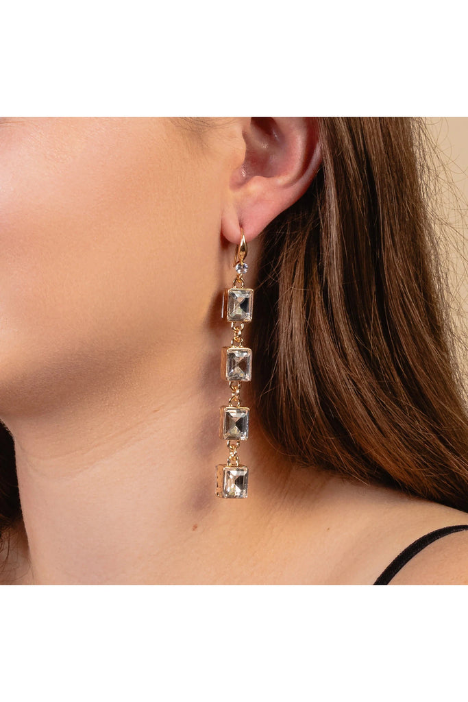 Clear Crystal Square Four Stone Dangle Gold Earring-Earrings-Deja Nu-Deja Nu Boutique, Women's Fashion Boutique in Lampasas, Texas