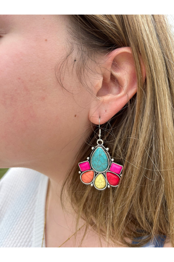 Cowgirl Chic Turquoise Squash Blossom Earrings With Multi-Colored Stones-Earrings-Deja Nu-Deja Nu Boutique, Women's Fashion Boutique in Lampasas, Texas