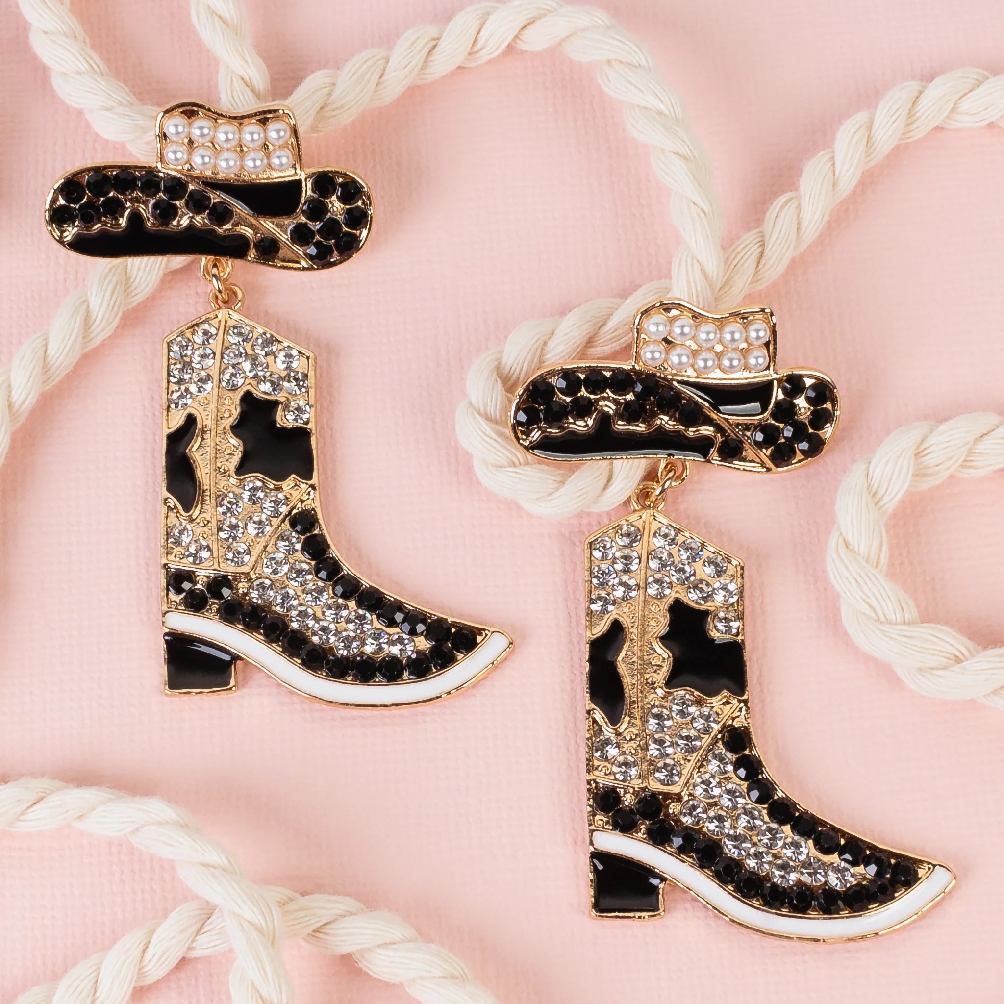 Cowgirl Glam Boot Earrings In Turquoise, Brown, or Black with Pearl Accent-Earrings-Deja Nu Tx-Deja Nu Boutique, Women's Fashion Boutique in Lampasas, Texas