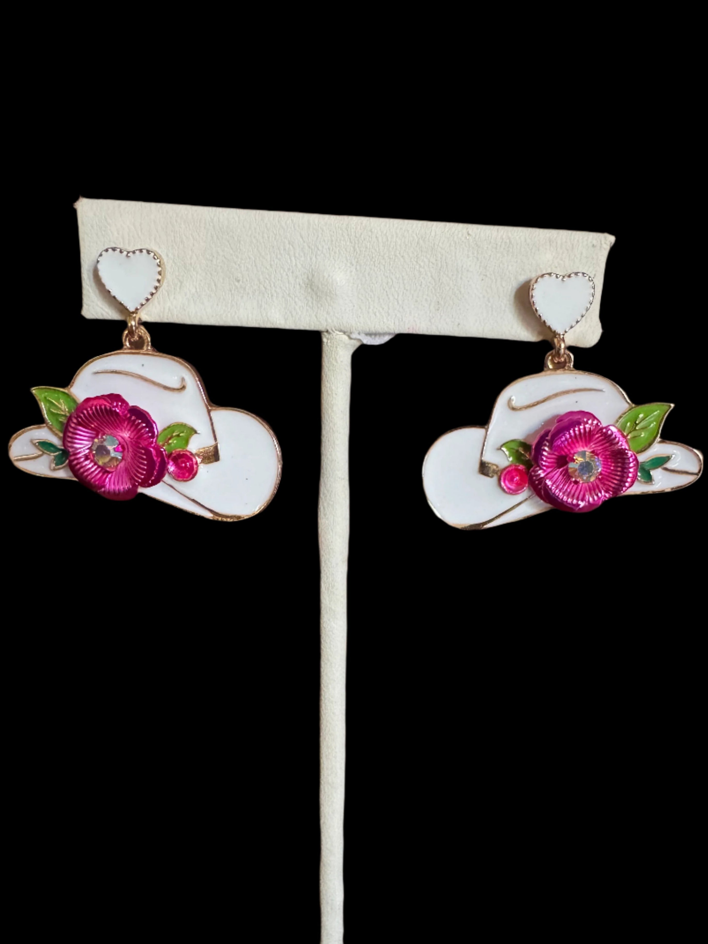 Cowgirl Hat Earrings with Floral Accent – Pink or White Enamel-Earrings-Deja Nu Tx-Deja Nu Boutique, Women's Fashion Boutique in Lampasas, Texas