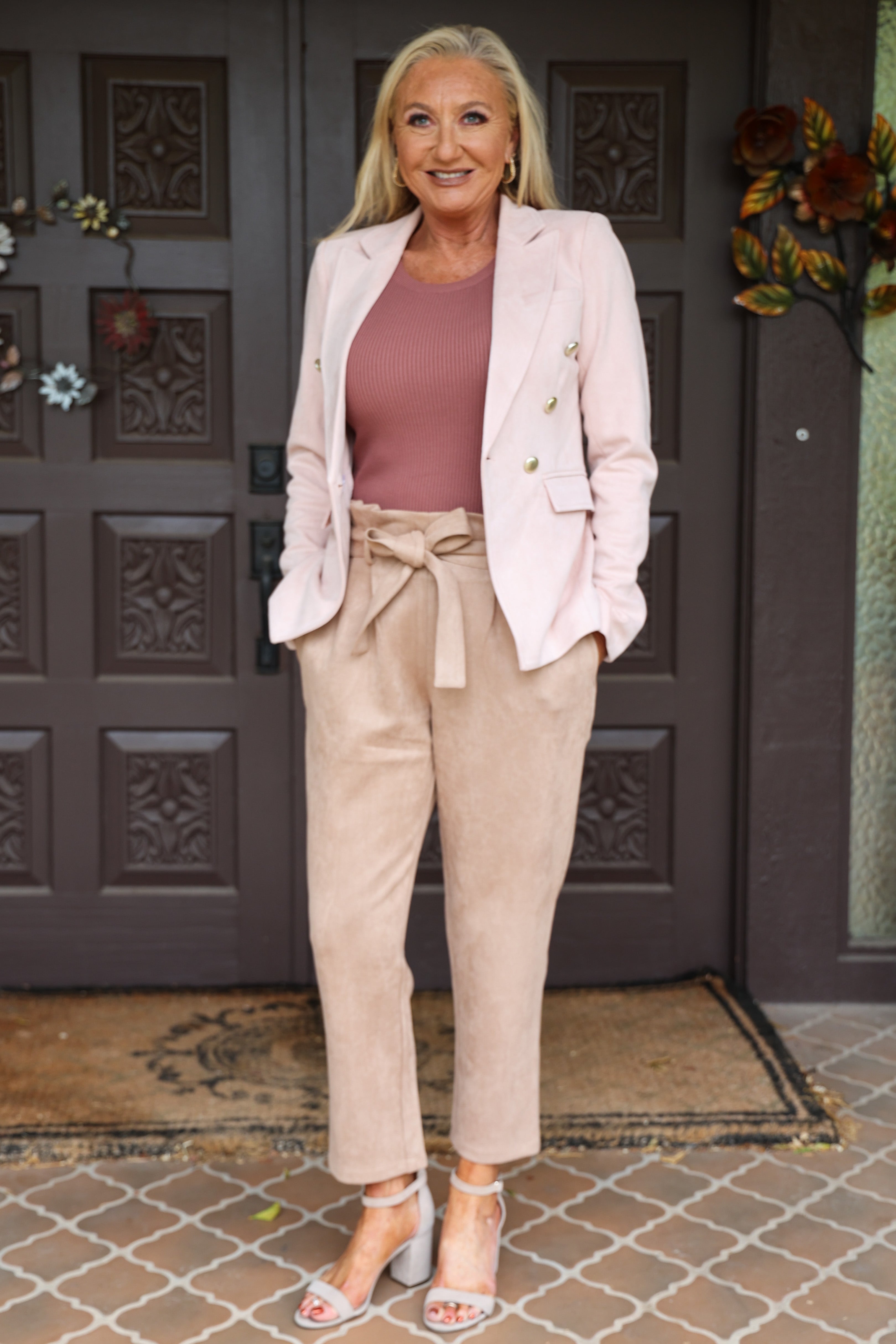 Dolce Cabo Pale Pink Faux Suede Doubled Breasted Blazer-Blazers-Dolce Cabo-Deja Nu Boutique, Women's Fashion Boutique in Lampasas, Texas