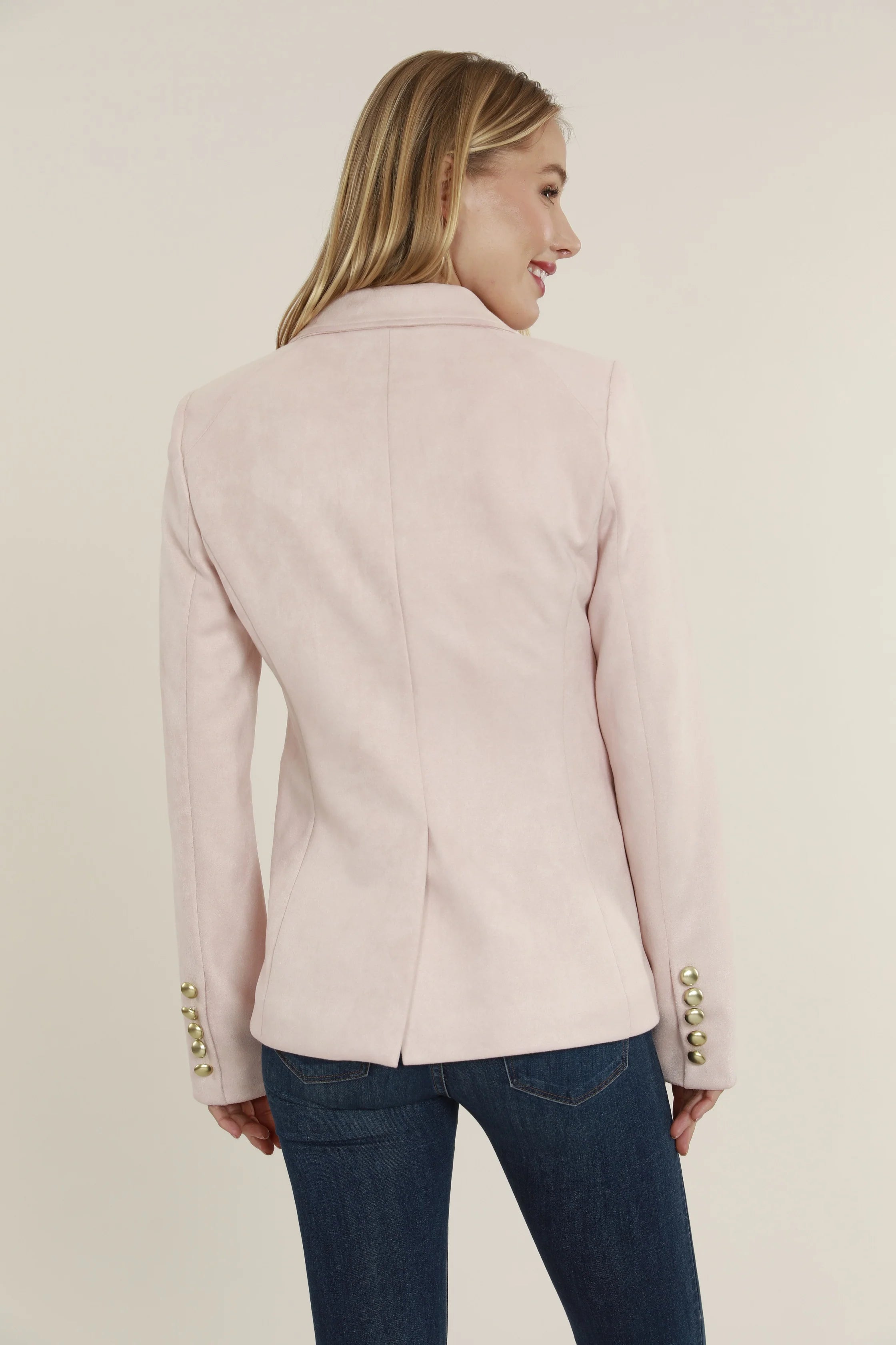 Dolce Cabo Pale Pink Faux Suede Doubled Breasted Blazer-Blazers-Dolce Cabo-Deja Nu Boutique, Women's Fashion Boutique in Lampasas, Texas