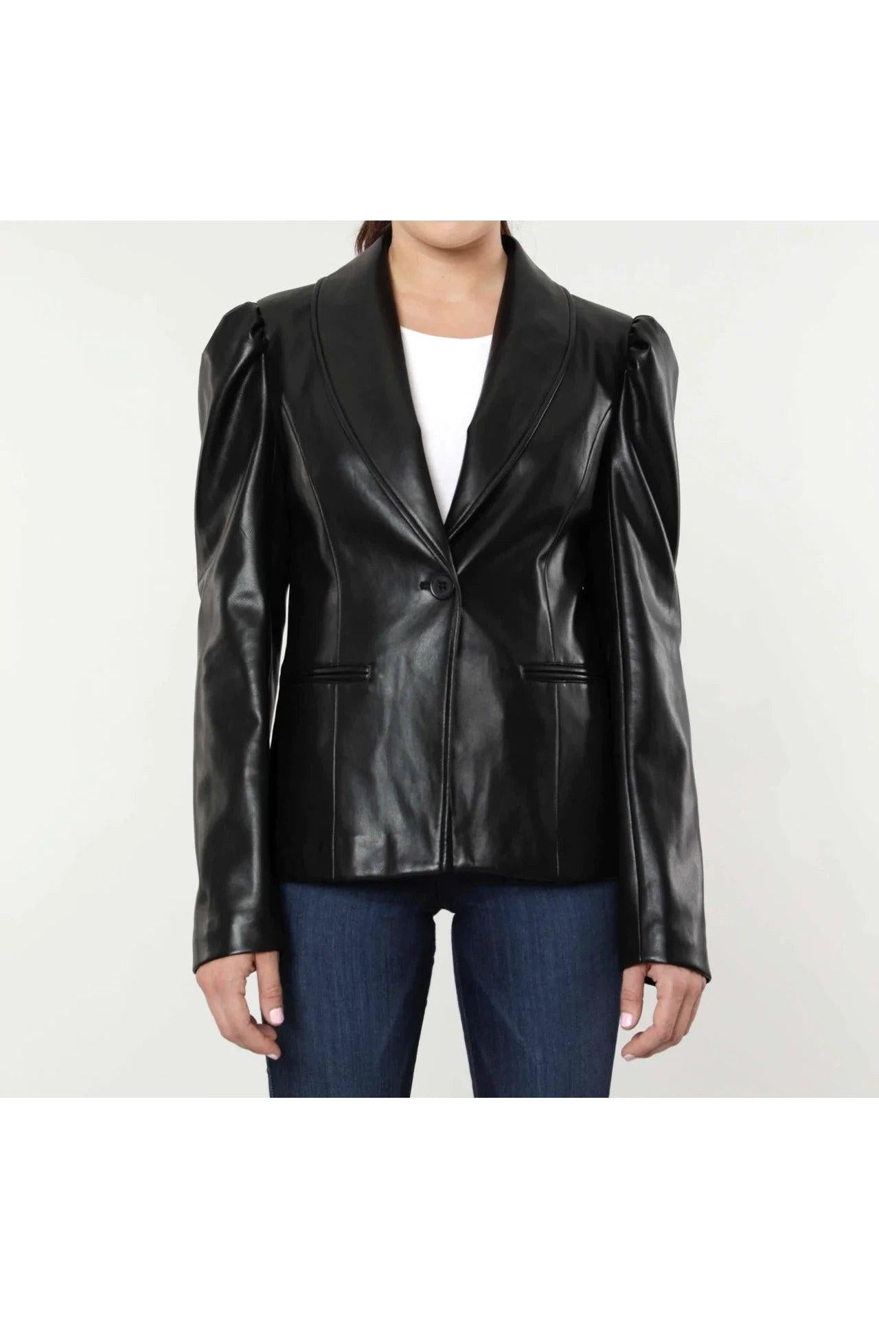 Dolce Cabo Puff Shoulder Vegan Leather Blazer In Black-Outerwear-Dolce Cabo-Deja Nu Boutique, Women's Fashion Boutique in Lampasas, Texas
