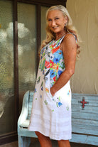 Dolcezza Simply Art “New Bouquet Coming Soon” Linen Dress By Vigo Geneviève Gauthier (24764)-Dresses-Dolcezza-Deja Nu Boutique, Women's Fashion Boutique in Lampasas, Texas