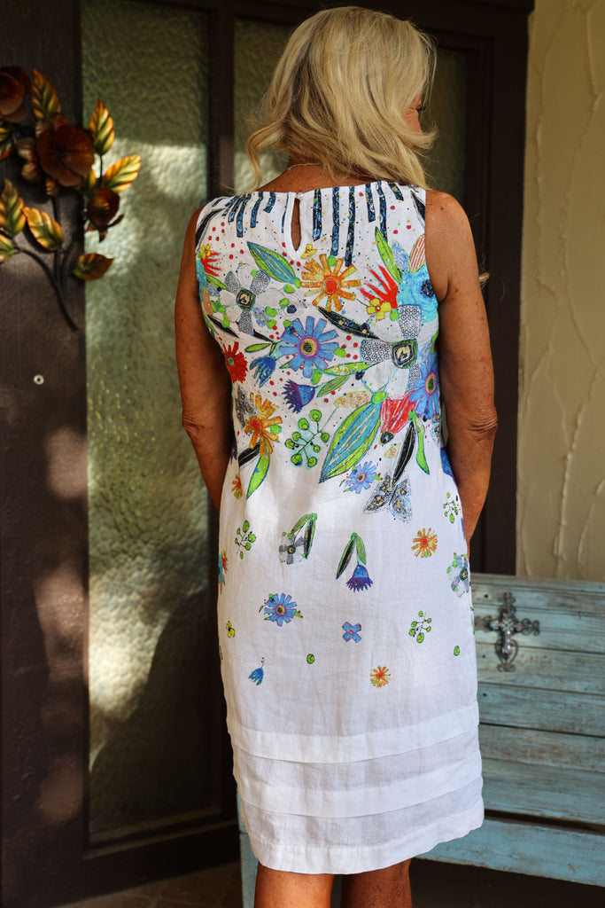 Dolcezza Simply Art “New Bouquet Coming Soon” Linen Dress By Vigo Geneviève Gauthier (24764)-Dresses-Dolcezza-Deja Nu Boutique, Women's Fashion Boutique in Lampasas, Texas