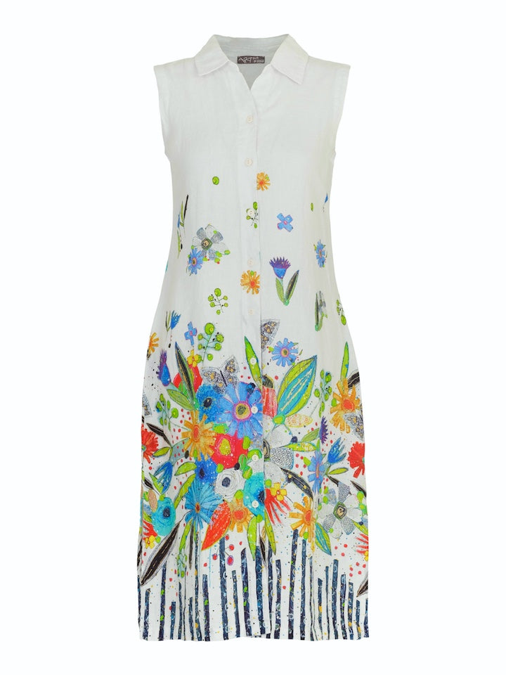 Dolcezza Simply Art “New Bouquet Coming Soon” Sleeveless Linen Dress By Vigo Geneviève Gauthier (24763)-Midi Dresses-Dolcezza-Deja Nu Boutique, Women's Fashion Boutique in Lampasas, Texas