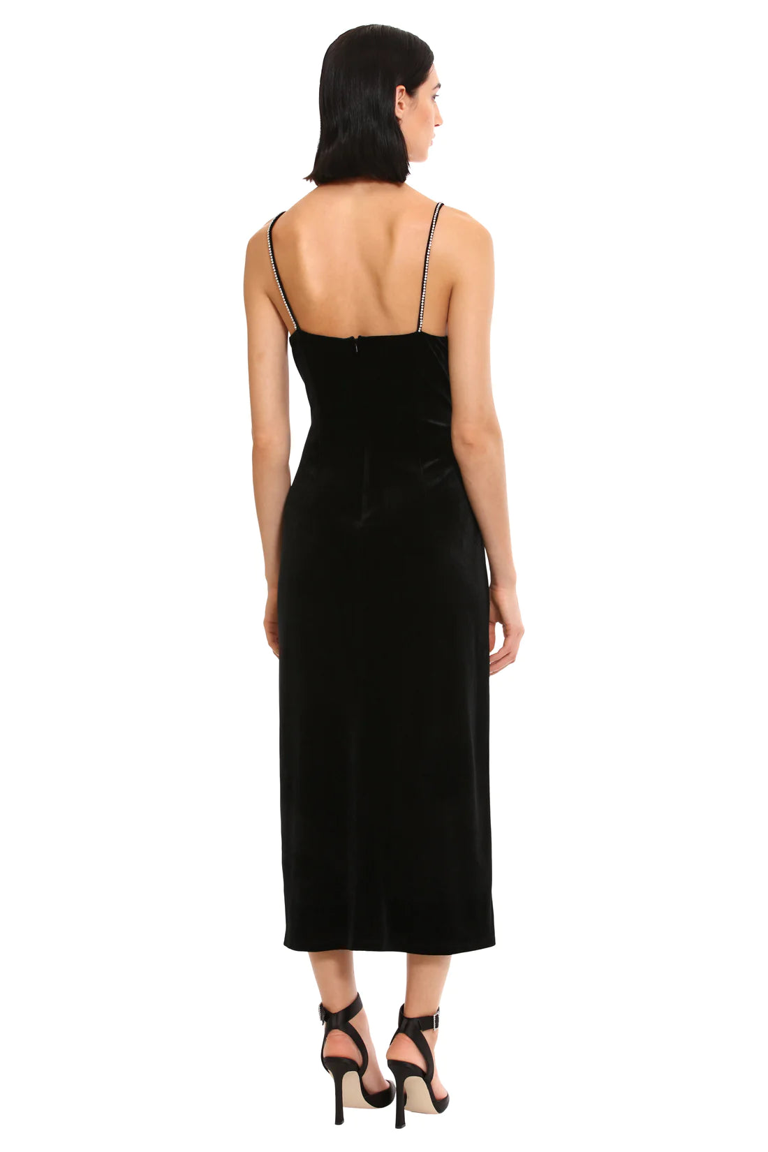 Donna Morgan For Maggy London Tilla Black Velvet Rhinestone Strap Dress-Midi Dresses-Donna Morgan-Deja Nu Boutique, Women's Fashion Boutique in Lampasas, Texas