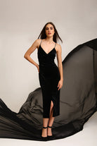 Donna Morgan For Maggy London Tilla Black Velvet Rhinestone Strap Dress-Midi Dresses-Donna Morgan-Deja Nu Boutique, Women's Fashion Boutique in Lampasas, Texas