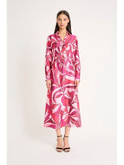 Donna Morgan Long Sleeve Midi Dress in Cherry Blossom Azalea Light Charmeuse-Midi Dresses-Donna Morgan-Deja Nu Boutique, Women's Fashion Boutique in Lampasas, Texas