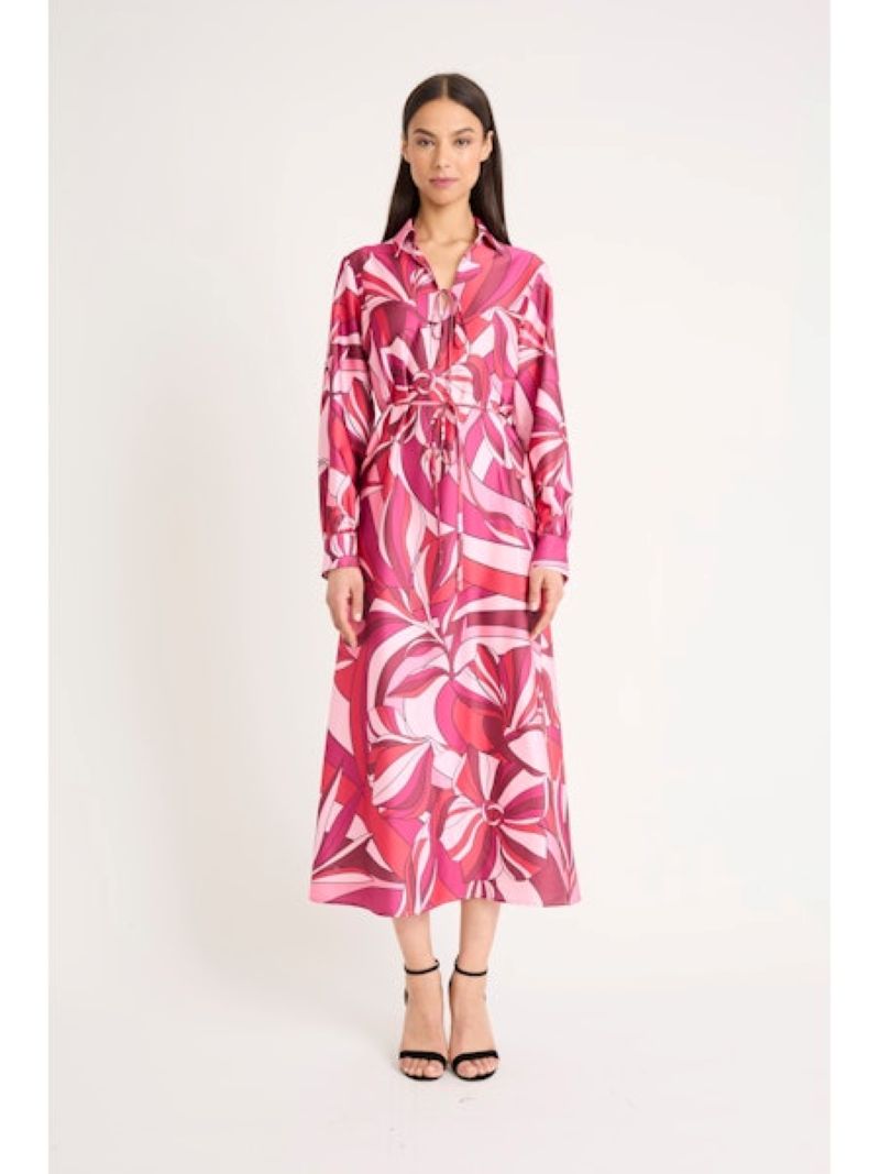 Donna Morgan Long Sleeve Midi Dress in Cherry Blossom Azalea Light Charmeuse-Midi Dresses-Donna Morgan-Deja Nu Boutique, Women's Fashion Boutique in Lampasas, Texas