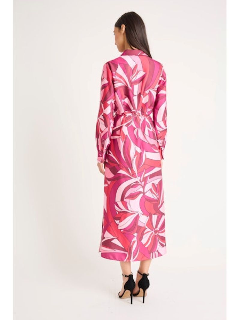 Donna Morgan Long Sleeve Midi Dress in Cherry Blossom Azalea Light Charmeuse-Midi Dresses-Donna Morgan-Deja Nu Boutique, Women's Fashion Boutique in Lampasas, Texas