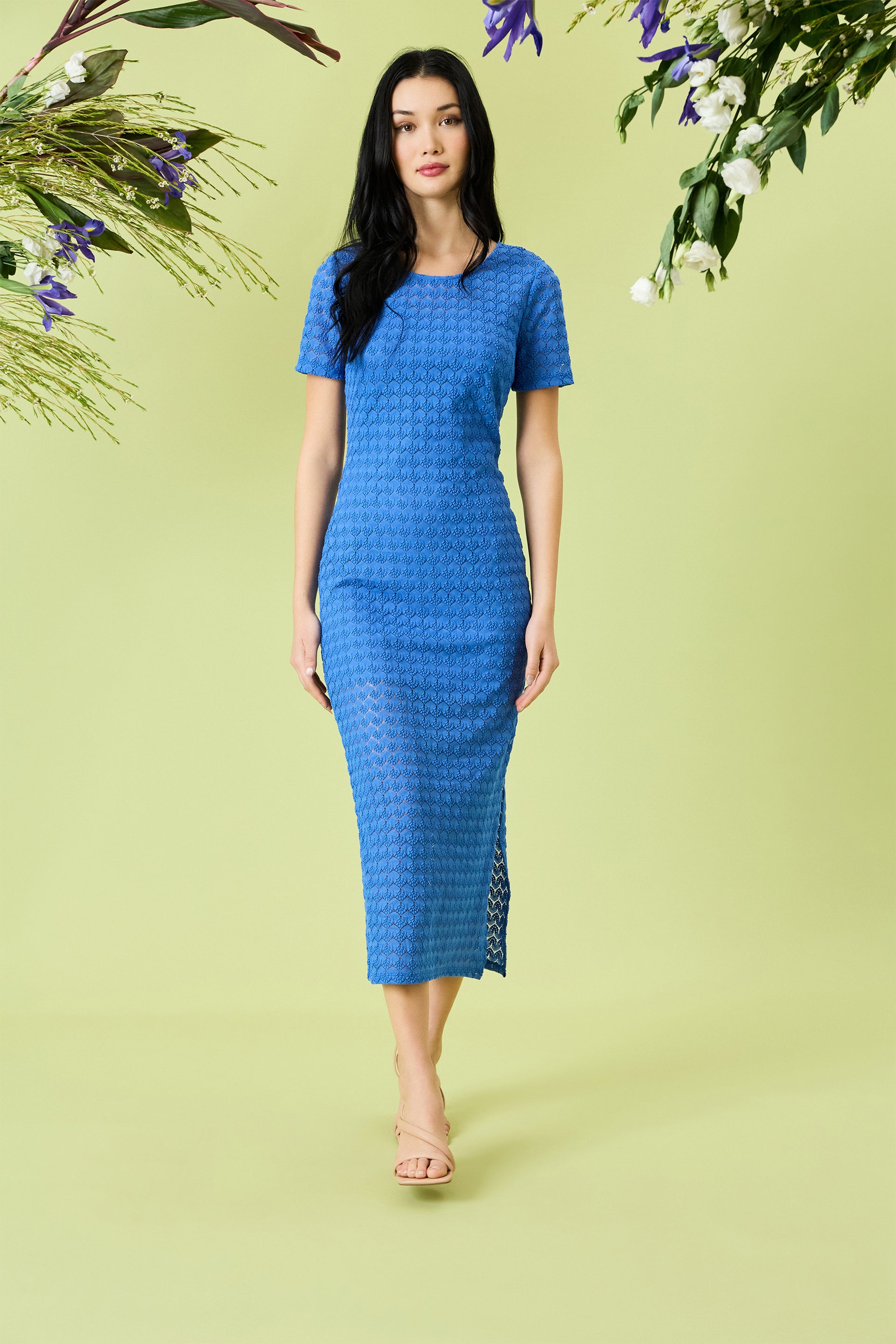 knee length dresses for ladies Donna Morgan Short Sleeve Regatta Blue Lace Midi Dress – Elegant & Eff –  Deja Nu Tx