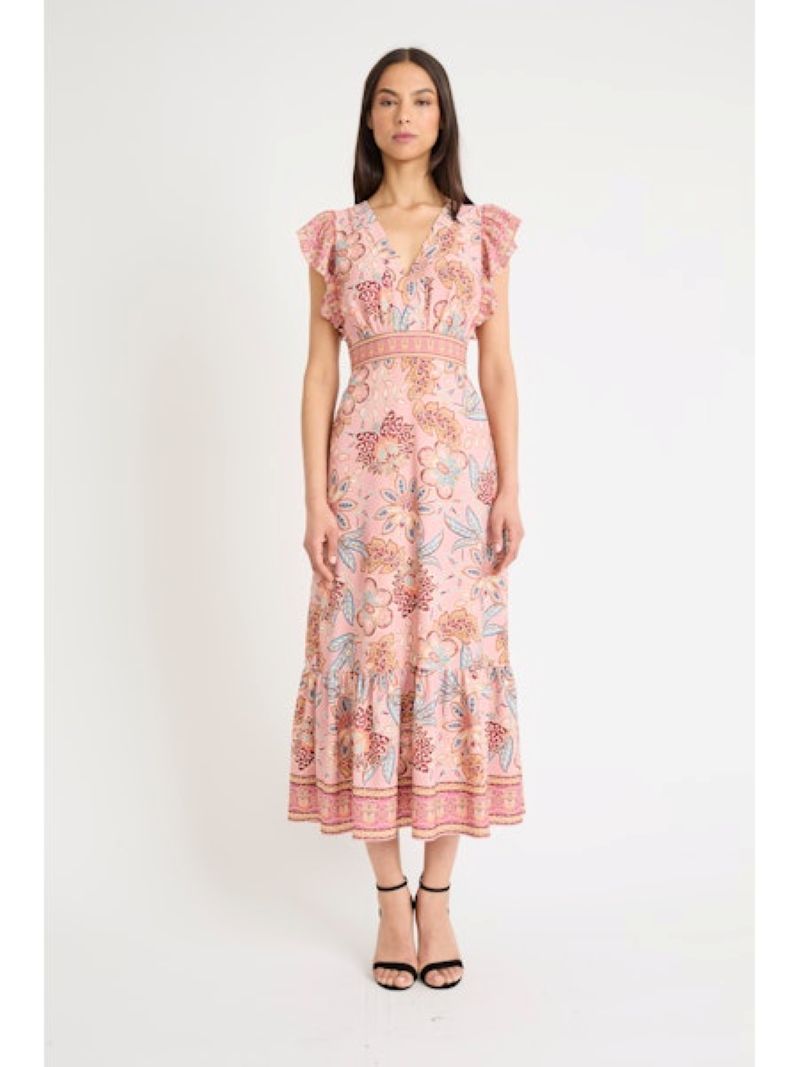 Donna Morgan V-Neck Flutter Sleeve Midi Dress in Blush Pink Mauve-Midi Dresses-Donna Morgan-Deja Nu Boutique, Women's Fashion Boutique in Lampasas, Texas
