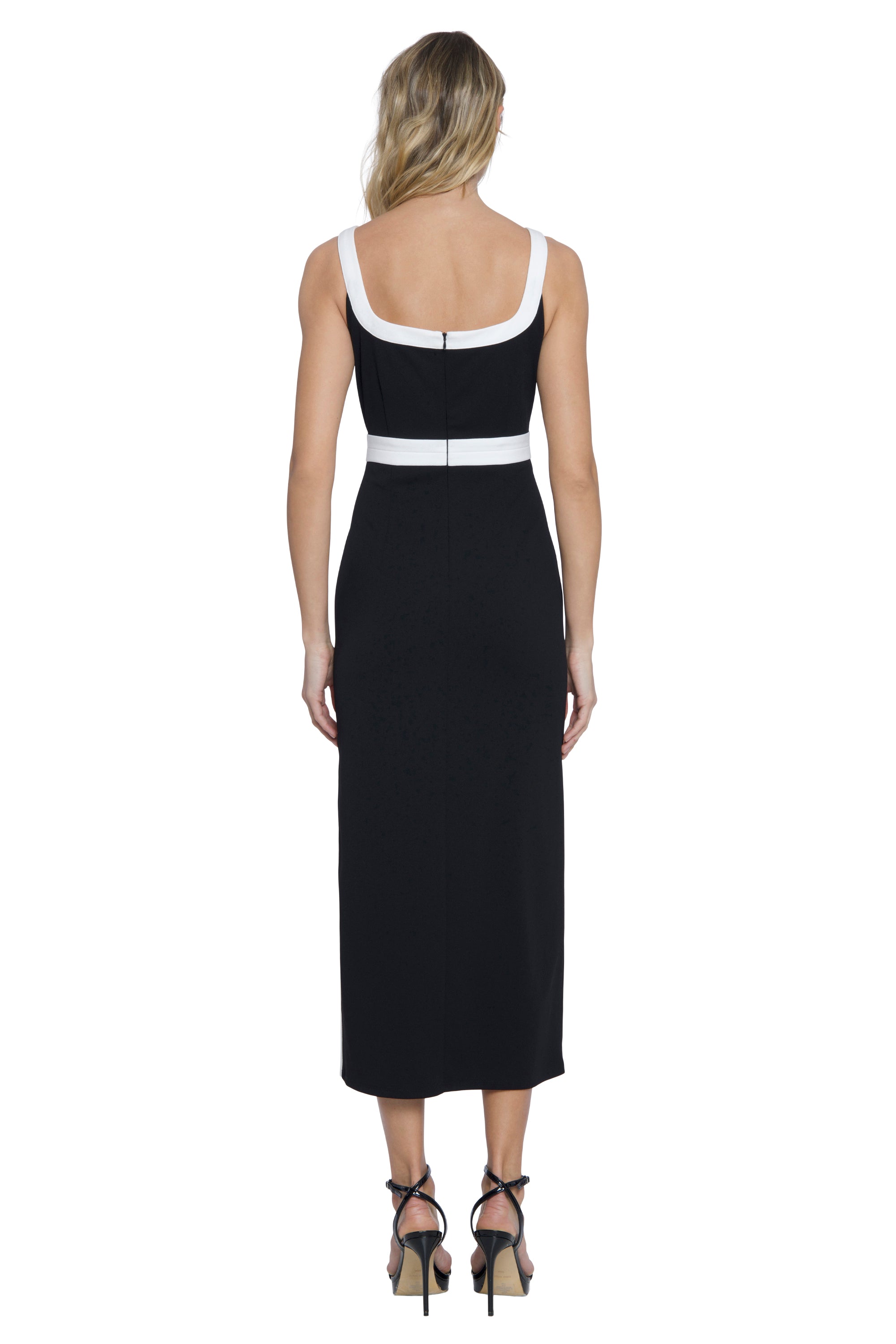 Donna Morgan for Maggy London Eleonora Black Midi Dress with White Accents-Dresses-Donna Morgan-Deja Nu Boutique, Women's Fashion Boutique in Lampasas, Texas