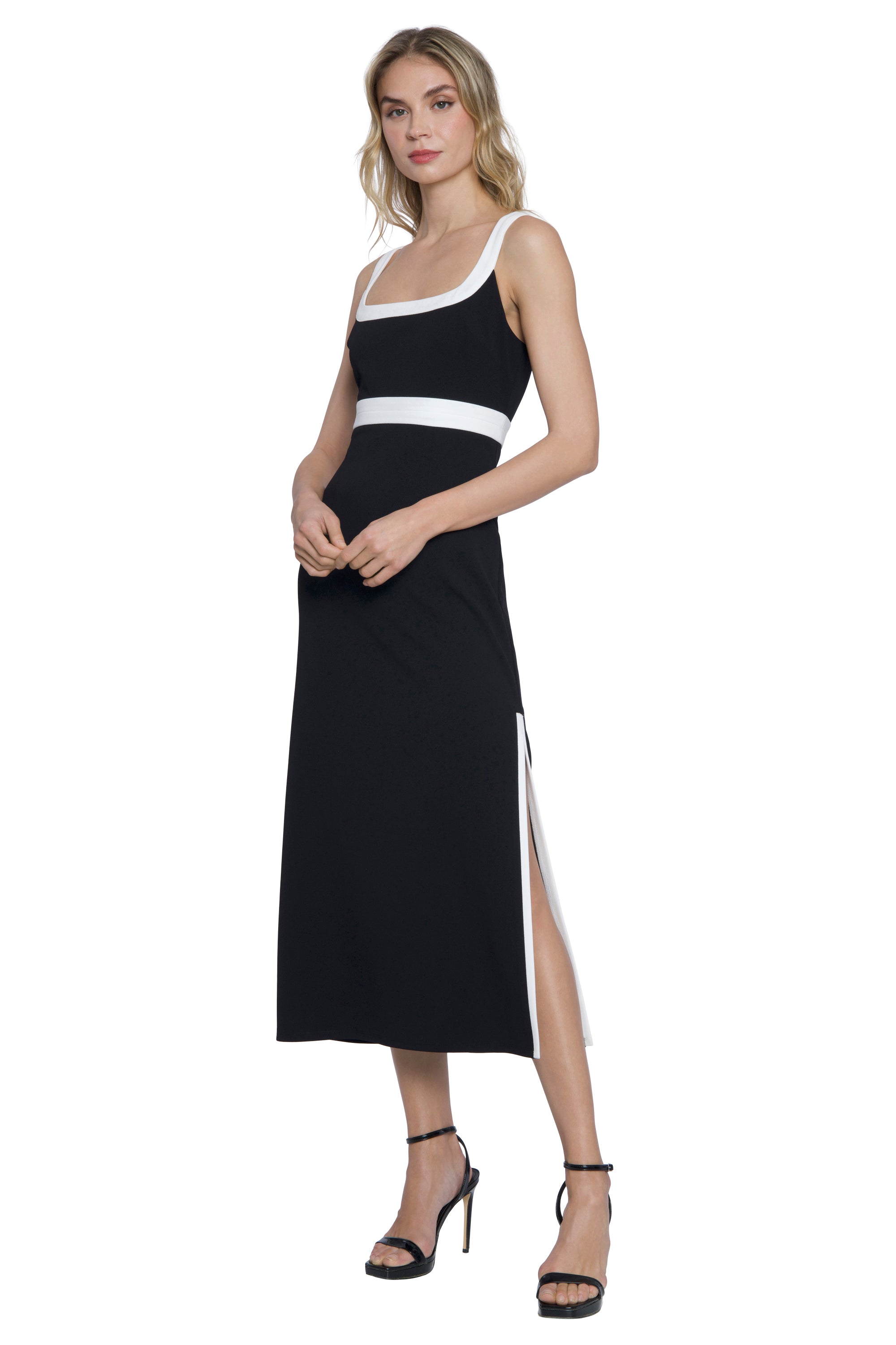 Donna Morgan for Maggy London Eleonora Black Midi Dress with Waist Detail and Wide Shoulders-Dresses-Donna Morgan-Deja Nu Boutique, Women's Fashion Boutique in Lampasas, Texas