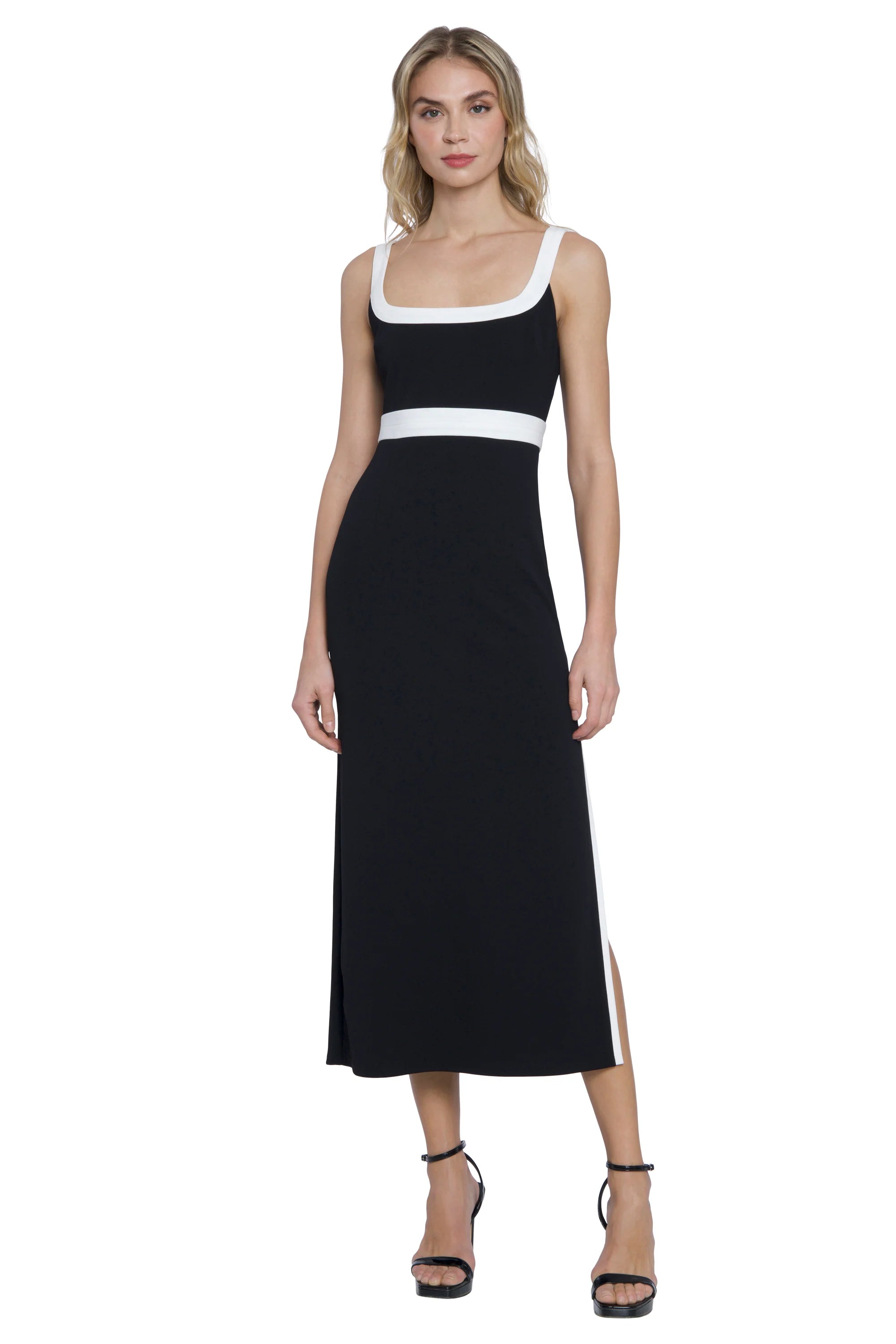 Donna Morgan for Maggy London Eleonora Black Midi Dress with Waist Detail and Wide Shoulders-Dresses-Donna Morgan-Deja Nu Boutique, Women's Fashion Boutique in Lampasas, Texas