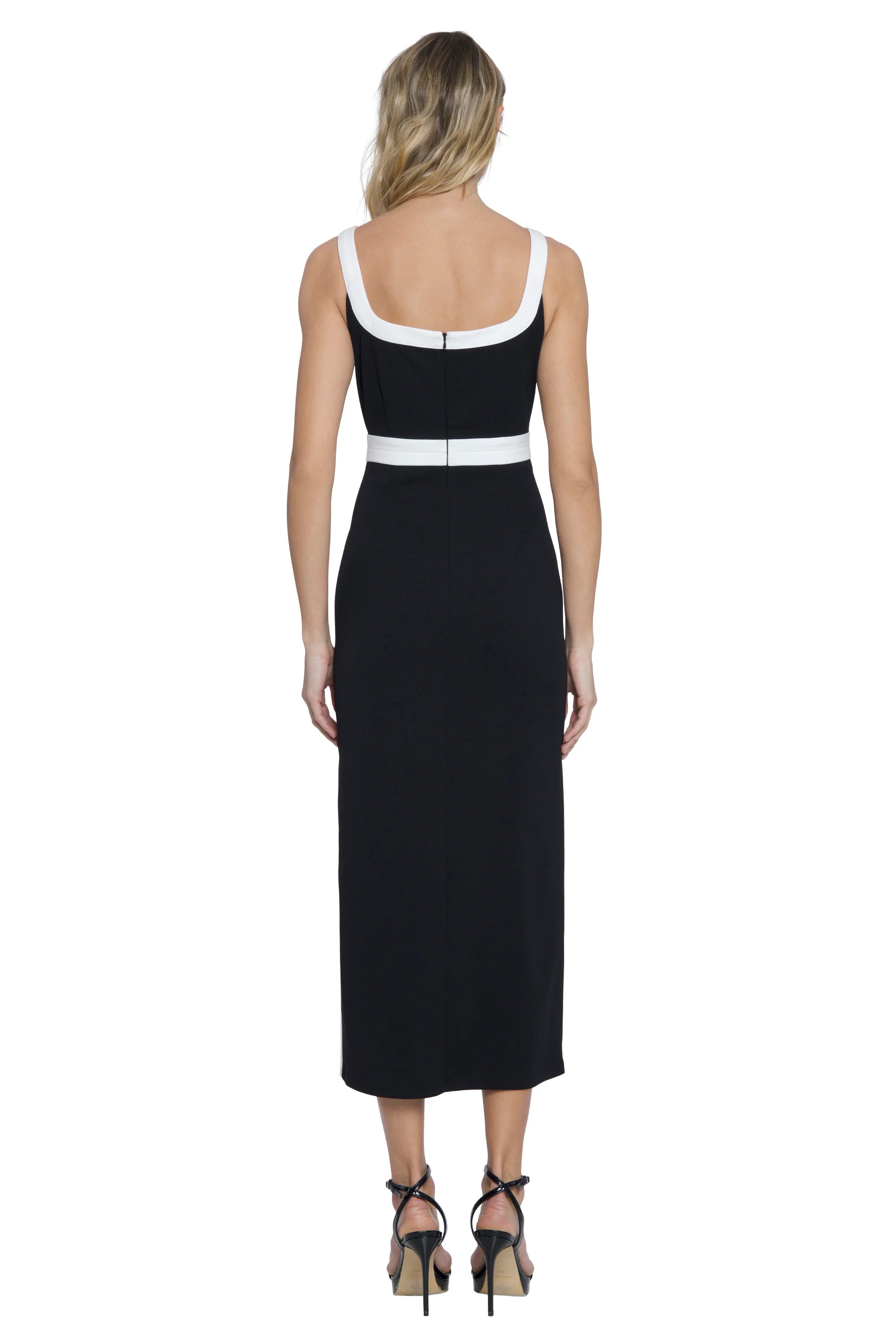 Donna Morgan for Maggy London Eleonora Black Midi Dress with White Accents-Dresses-Donna Morgan-Deja Nu Boutique, Women's Fashion Boutique in Lampasas, Texas