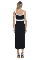 Donna Morgan for Maggy London Eleonora Black Midi Dress with Waist Detail and Wide Shoulders-Dresses-Donna Morgan-Deja Nu Boutique, Women's Fashion Boutique in Lampasas, Texas