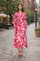 Donna Morgan Long Sleeve Midi Dress in Cherry Blossom Azalea Light Charmeuse-Midi Dresses-Donna Morgan-Deja Nu Boutique, Women's Fashion Boutique in Lampasas, Texas