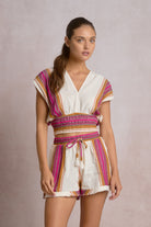 ELAN Natural & Pink Resort Smocked Waist Shorts-Shorts-Elan-Deja Nu Boutique, Women's Fashion Boutique in Lampasas, Texas