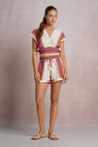 ELAN Natural & Pink Smocked Waist Resort Top-Tops-Elan-Deja Nu Boutique, Women's Fashion Boutique in Lampasas, Texas