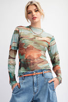 Easel Abstract Print Mesh Fitted Top In Olive Brown-Tops-easel-Deja Nu Boutique, Women's Fashion Boutique in Lampasas, Texas