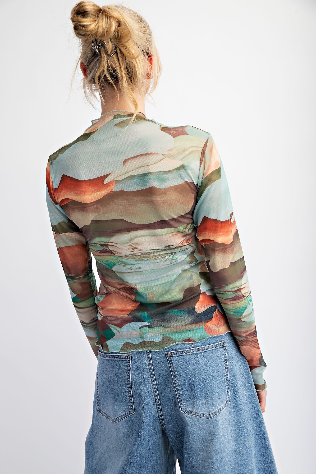 Easel Abstract Print Mesh Fitted Top In Olive Brown-Tops-Easel-Deja Nu Boutique, Women's Fashion Boutique in Lampasas, Texas