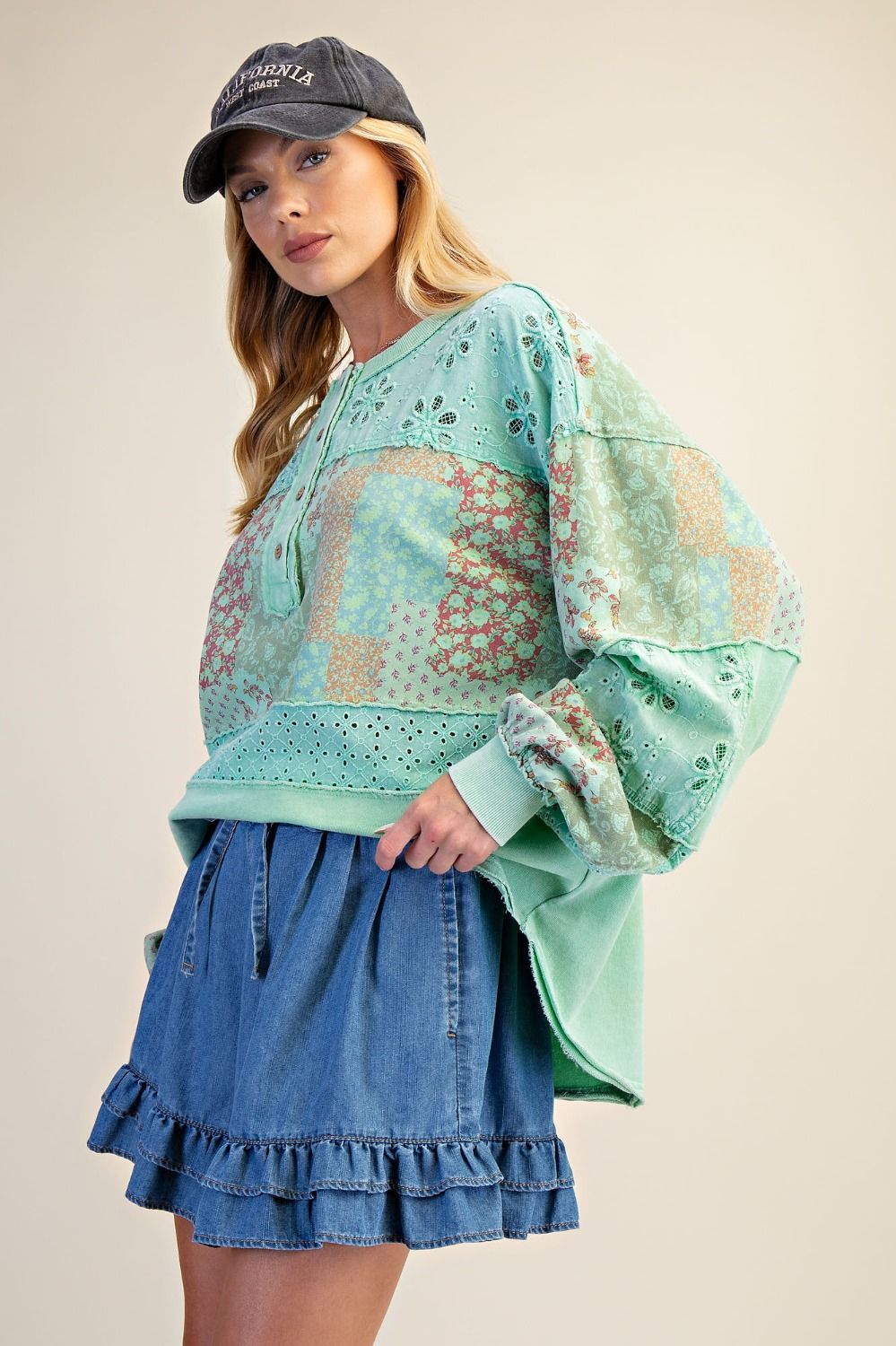 Easel Atlantis Green Mixed Print Button Front Washed Top (Plus Size)-Curvy/Plus Tops-Easel-Deja Nu Boutique, Women's Fashion Boutique in Lampasas, Texas