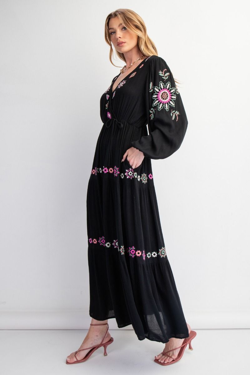 Easel Bright Floral Embroidered Rayon Gauze Black Maxi Dress-Maxi Dresses-Easel-Deja Nu Boutique, Women's Fashion Boutique in Lampasas, Texas