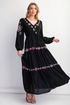 Easel Bright Floral Embroidered Rayon Gauze Black Maxi Dress-Maxi Dresses-Easel-Deja Nu Boutique, Women's Fashion Boutique in Lampasas, Texas