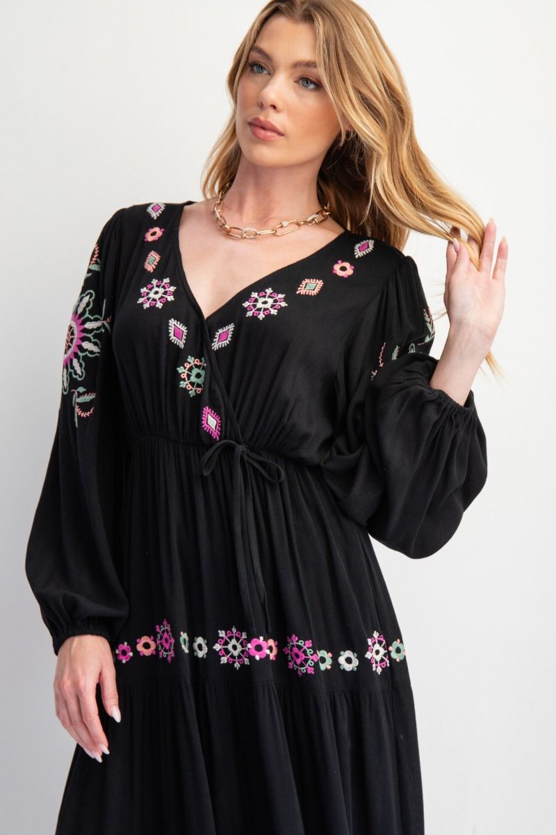 Easel Bright Floral Embroidered Rayon Gauze Black Maxi Dress-Maxi Dresses-Easel-Deja Nu Boutique, Women's Fashion Boutique in Lampasas, Texas