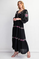 Easel Bright Floral Embroidered Rayon Gauze Black Maxi Dress-Maxi Dresses-Easel-Deja Nu Boutique, Women's Fashion Boutique in Lampasas, Texas