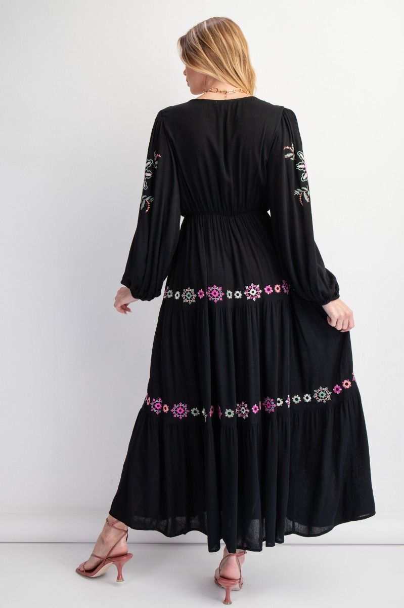 Easel Bright Floral Embroidered Rayon Gauze Black Maxi Dress-Maxi Dresses-Easel-Deja Nu Boutique, Women's Fashion Boutique in Lampasas, Texas