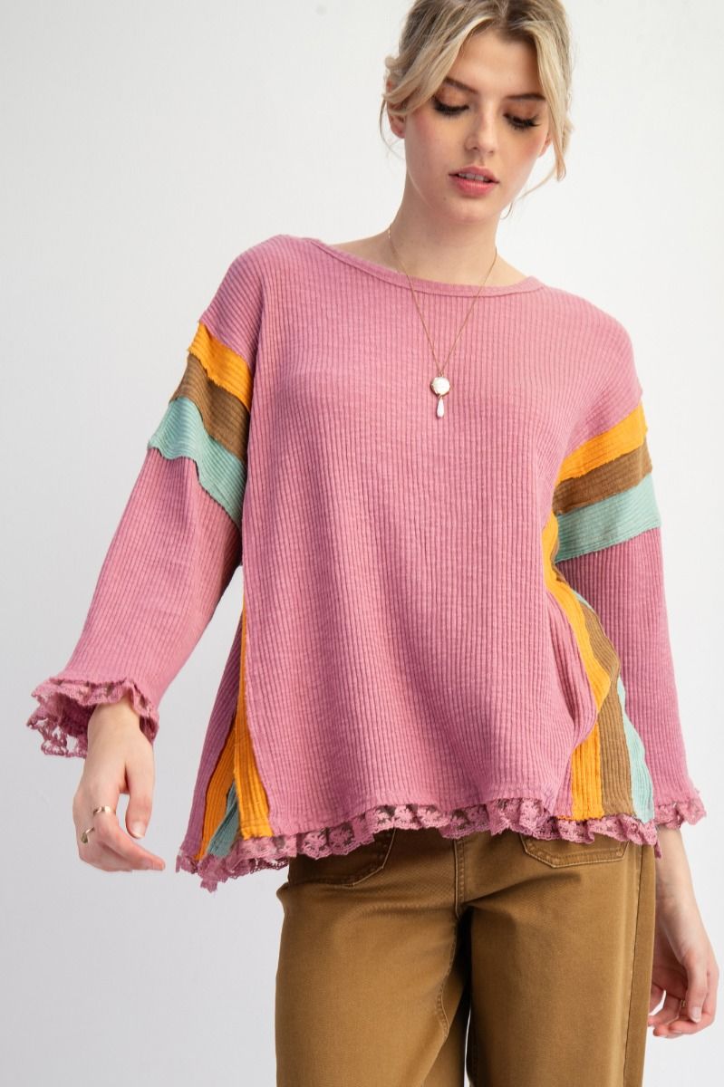 Easel Color Block Rib Knit Top With Lace Bottom Hem In Lipstick Pink Plus-Tops-Easel-Deja Nu Boutique, Women's Fashion Boutique in Lampasas, Texas