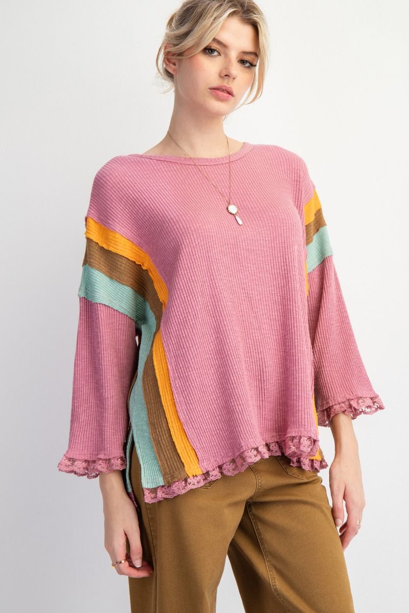 Easel Color Block Rib Knit Top With Lace Bottom Hem In Lipstick Pink Plus-Tops-Easel-Deja Nu Boutique, Women's Fashion Boutique in Lampasas, Texas