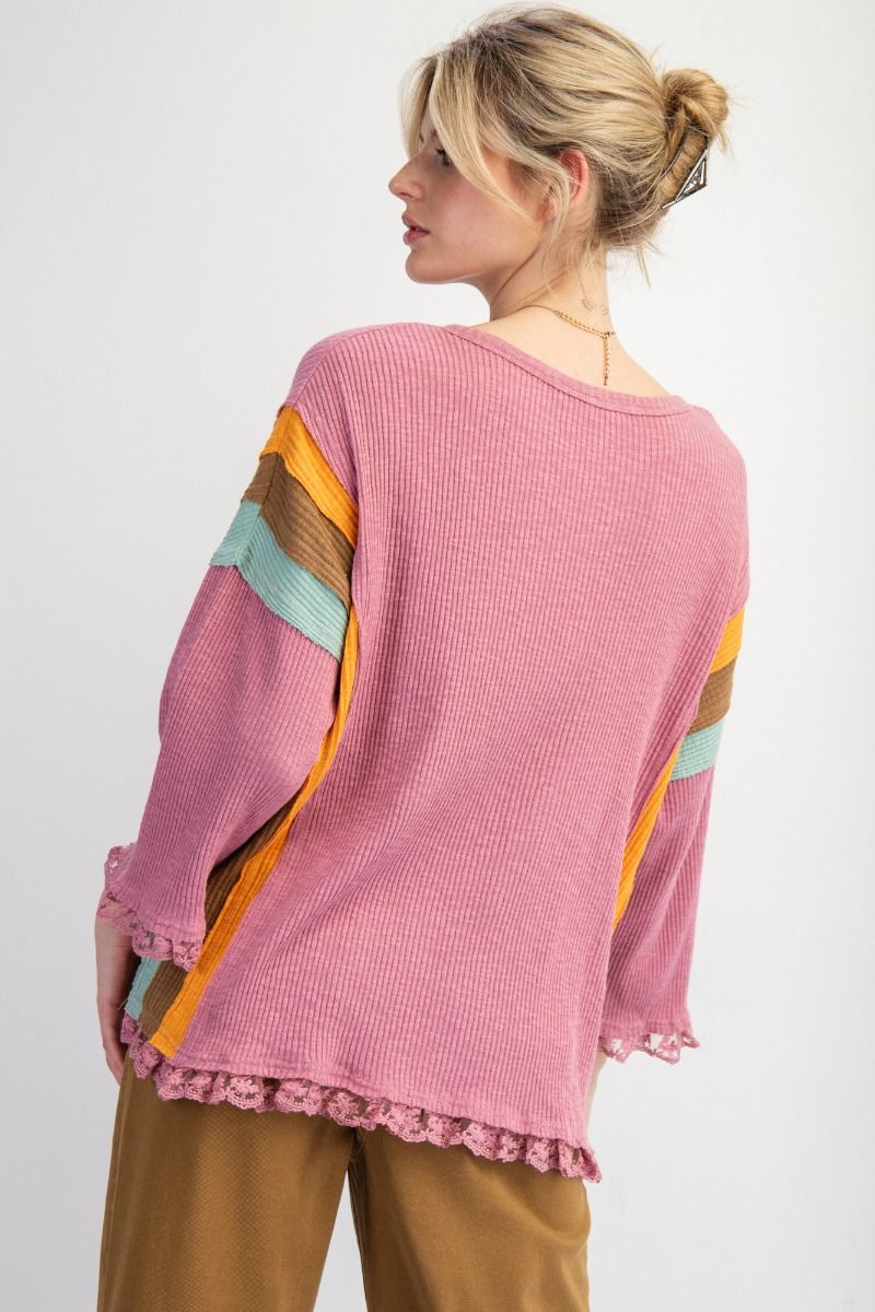 Easel Color Block Rib Knit Top With Lace Bottom Hem In Lipstick Pink-Tops-Easel-Deja Nu Boutique, Women's Fashion Boutique in Lampasas, Texas