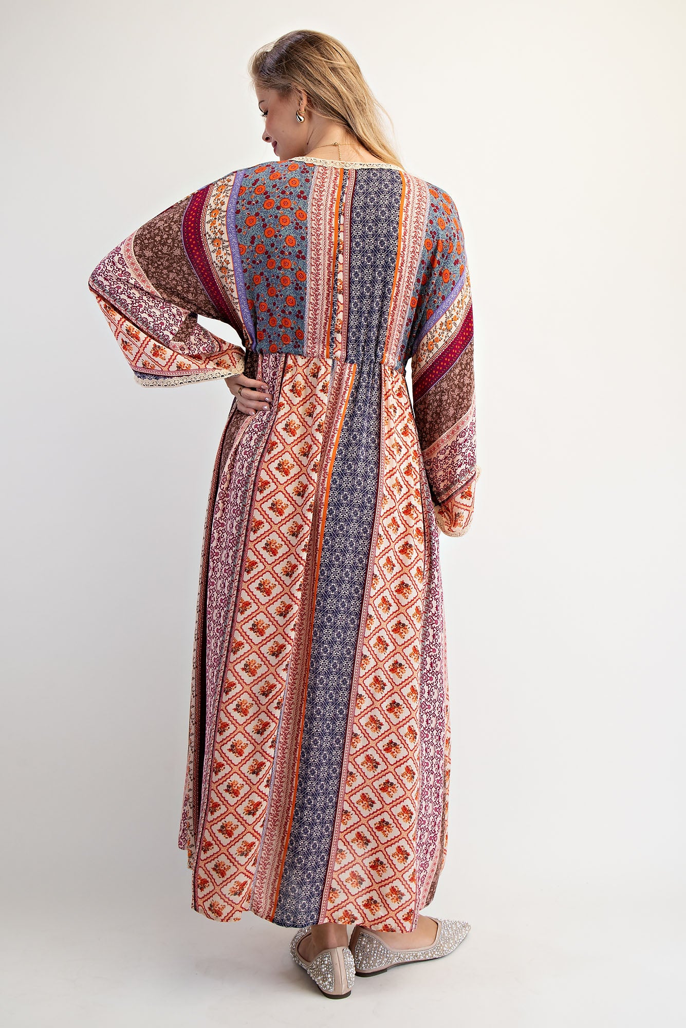 Easel Cream & Blue Printed Bell Sleeve Maxi Duster Dress-Maxi Dresses-Easel-Deja Nu Boutique, Women's Fashion Boutique in Lampasas, Texas