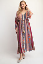 Easel Cream & Blue Printed Bell Sleeve Maxi Duster Dress-Maxi Dresses-Easel-Deja Nu Boutique, Women's Fashion Boutique in Lampasas, Texas