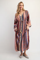 Easel Cream & Blue Printed Bell Sleeve Maxi Duster Dress-Maxi Dresses-Easel-Deja Nu Boutique, Women's Fashion Boutique in Lampasas, Texas
